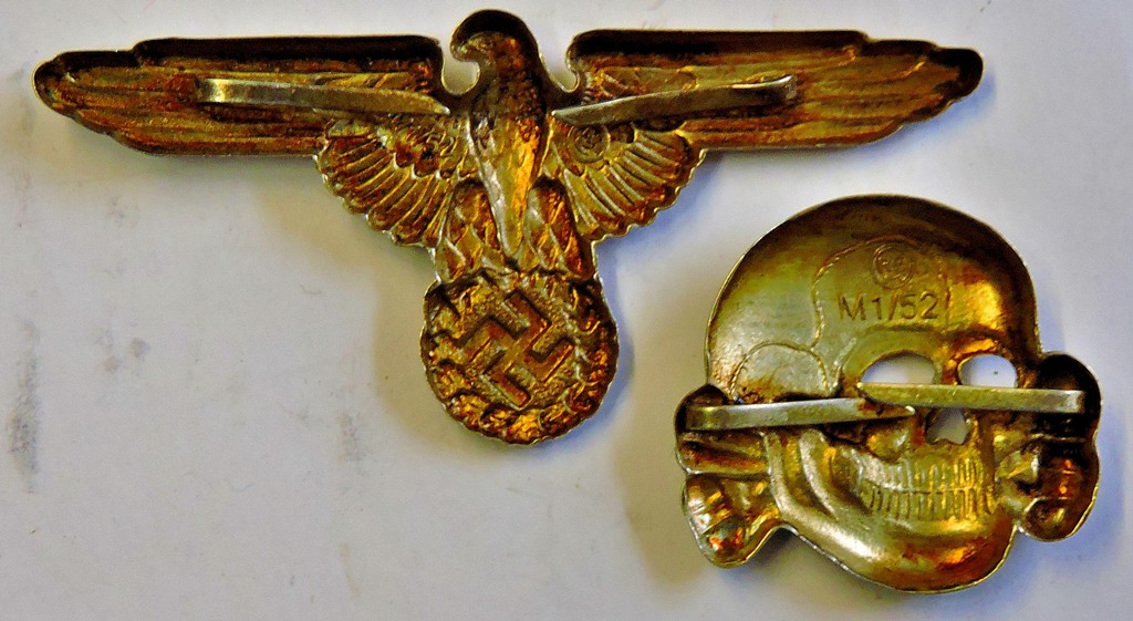 German WWII Waffen SS Officers Cap Eagle and Totenkopf cap badges, both have the makers mark 'RZM - Image 2 of 2