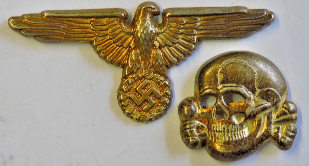 German WWII Waffen SS Officers Cap Eagle and Totenkopf cap badges, both have the makers mark 'RZM