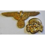 German WWII Waffen SS Officers Cap Eagle and Totenkopf cap badges, both have the makers mark 'RZM