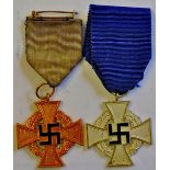 German WWII 25 Year and 40 Year Faithful Service Medals, Silver and Gold pattern.