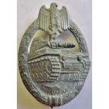 German WWII Pattern Panzer Assault badge, silver grade (sold as is)