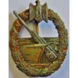 German WWII Pattern Coastal Artillery War Badge, some wear to the gilt. (Sold as seen)