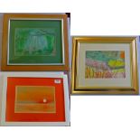 Painting - water colour - three framed, attractive water colours 15.1/2x12.1/2" featuring sunset