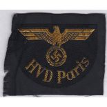German Nazi HVD Paris cloth patch, made from beri silk
