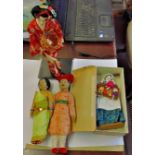 Vintage Dolls-with street vendor doll, Japan and India,(4 dolls) on plinth 1' x 1.1/2' high.