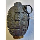 British WWI No5 Mk1 Mills Grenade, still has its brass base plug engraved (C.A.V.). 1916 pattern