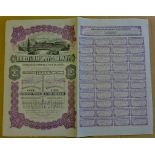 Brazil Railway Company 1911 Share Certificate 100 Dollar Share with coupons. Fine steam locomotive