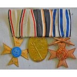 Imperial German WWI mounted group of three, Bavarian Medal of Merit 3rd class with crossed swords,