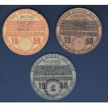 Motoring-Three old cars tax discs for an Austin, OWP224, with one for 1959 and two for 1960, these