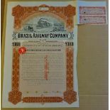 Brazil Railway Company - 1912. 5% Convertible Debenture for £100, with two coupons. Fine vignette of