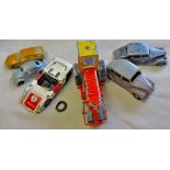 Six die cast Dinky Toys in used condition including a Riley, an Austin Devon and an availing Barford