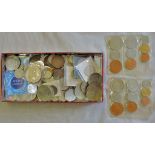 Mixed charity lot in a biscuit tin-1953 Plastic sets(2)UNC, dollar & 1/2 Dollar, Netherland 2.1/2