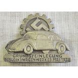 German WWII style Volkswagen factory workers lapel badge "Grunsteinlegub Des Volkswagen Werks Mai