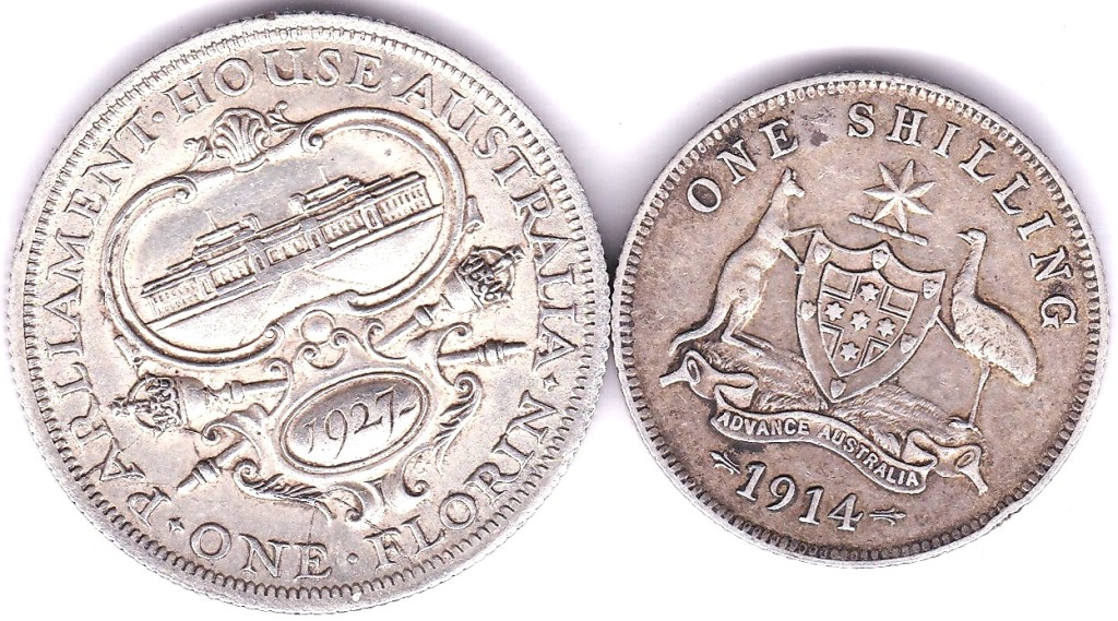 Australia - 1914 Shilling (2)-RefKM26,Grade VF and 1927 Florin Canberra Parliament -Ref KM31 Grade - Image 2 of 3