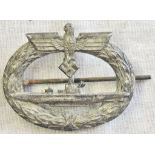 German WWII style U-Boot badge, makers mark 'Schwerin Berlin 66' most of the original finish has