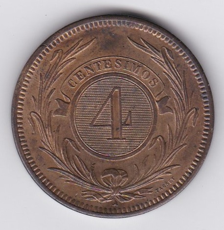 Uruguay - 1869A -4 Centesimo, UNC delightful example,( KM13)