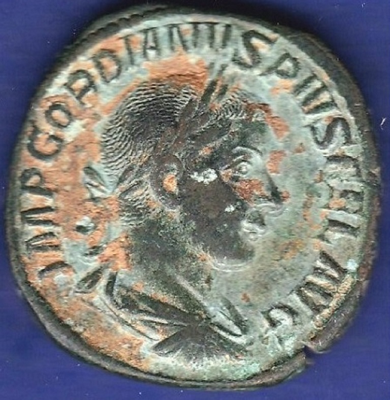 Roman - Gordian III Bronze Sestertius, rev: FORTVNA REDVX S.C. Fortuna seated left holding rudder - Image 2 of 3