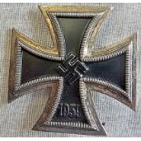 German WWII style Iron Cross 1st class pin back, one piece, maker stamped '51' Eduard Gorlach &