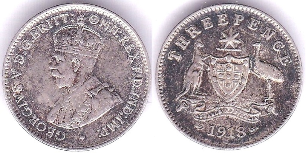 Australia - 1918M Three pence Ref KM24, Grade GEF/AUNC with beautiful 'rainbow' lustre.