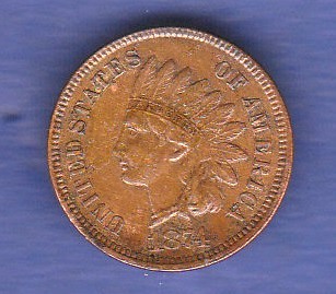 U.S.A. - 1874 Indian Head Cent, REF KM90a, Grade GVF or better.