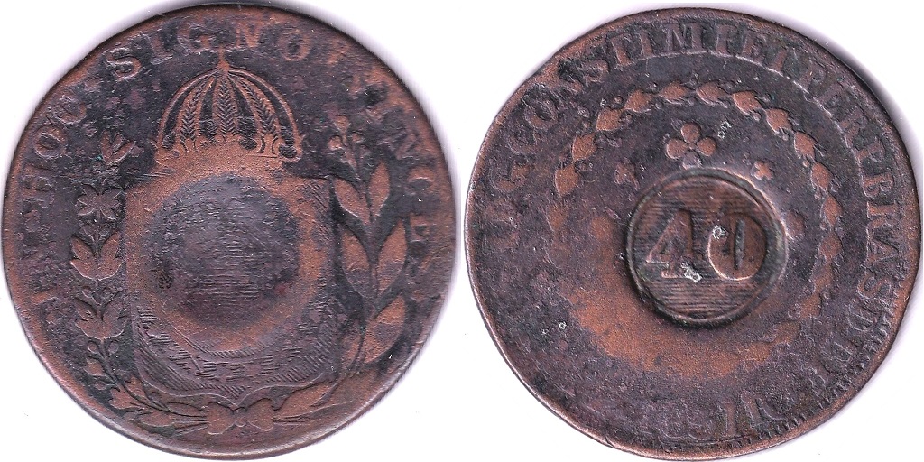 Brazil 1835 Countermark 40 Reis on 1831 on 80 Reis, Pedro II, Ref KM446, Grade about fine.