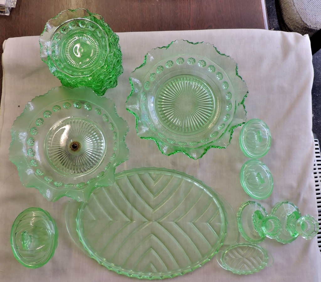 Green Glass-Serving Dishes with (6) bowl's also green glass dressing table set (6 pieces) from the