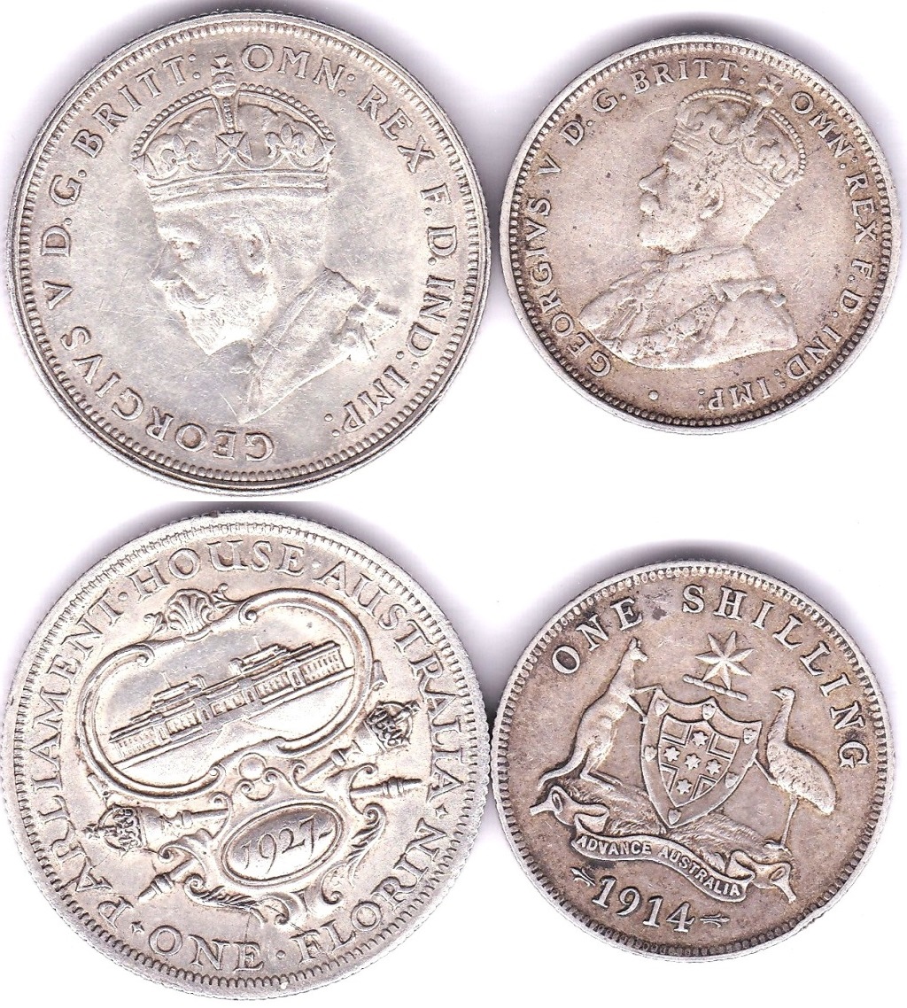 Australia - 1914 Shilling (2)-RefKM26,Grade VF and 1927 Florin Canberra Parliament -Ref KM31 Grade