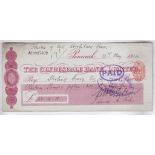 Cheques 1914 Clydesdale Bank Ltd - Penicuik Branch, used bearer, red on white. One Penny RO.