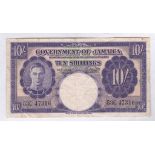 Jamaica 1950 KGVI Ten Shillings, Purple GVF, Pick 39