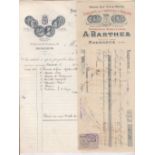 France 1905 Cheque, a Barthez, Narbonne and invoice, fiscal stamp. Liqueurs and Sirops, Vignette