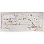 Cheques 1830 Curries & Company - 29 Cornhill Branch, used bearer, black on white.