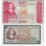 South Africa 1967 10 Rand, P113c; 1984 50 Rand, 122q, both UNC (2)