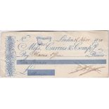 Cheques 1830 Curries & Company - 29 Cornhill Branch, used bearer, blue on white.