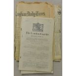 Newspapers (x5) - 19th and 20th century newspapers includes The London Gazette, The Observer, The