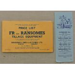 FR and Ransomes Tillage Equipment Price list 4th November 1974. Original condition with an insert.