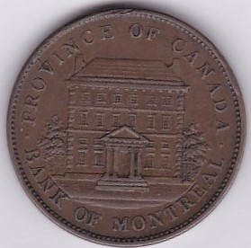 Canada (Lower Canada) 1842 2 Sous (Penny) Bank de Montreal on Ribbon, obv View of front of Bank,