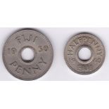 Fiji - 1940 Halfpenny ABU Rare, (KM14) and 1950 Penny, AUNC Rare, ( KM 17), (2)