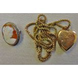 Jewellery-9ct gold (not hall marked) heart locket on a yellow metal chain, and a .800 silver