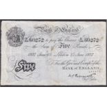 Peppiatt 1937 Five Pounds, White, B241 VF odd small stains but clean note