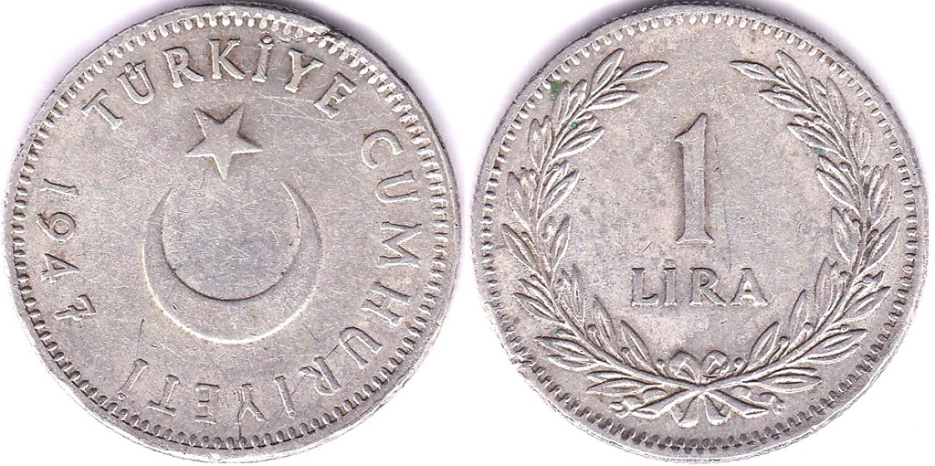 Turkey 1947 Lira, Silver, KM683, NEF, small edge nicks