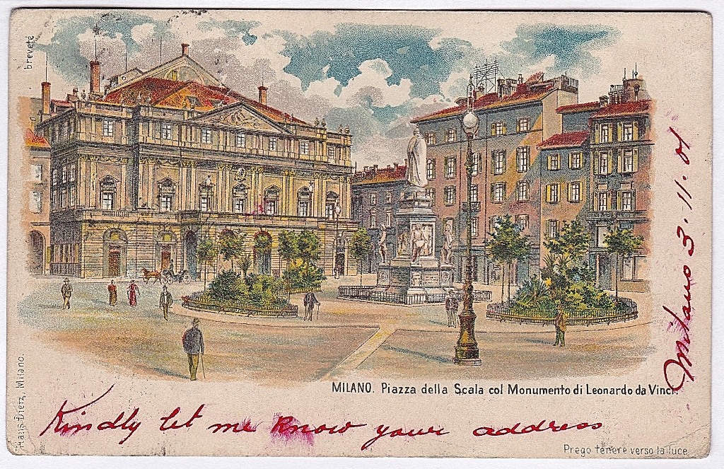 Italy Milano 1901 used chromo postcard, Piazzo della Sida pulse Monumento de Leonardo de Vinci,