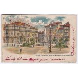 Italy Milano 1901 used chromo postcard, Piazzo della Sida pulse Monumento de Leonardo de Vinci,