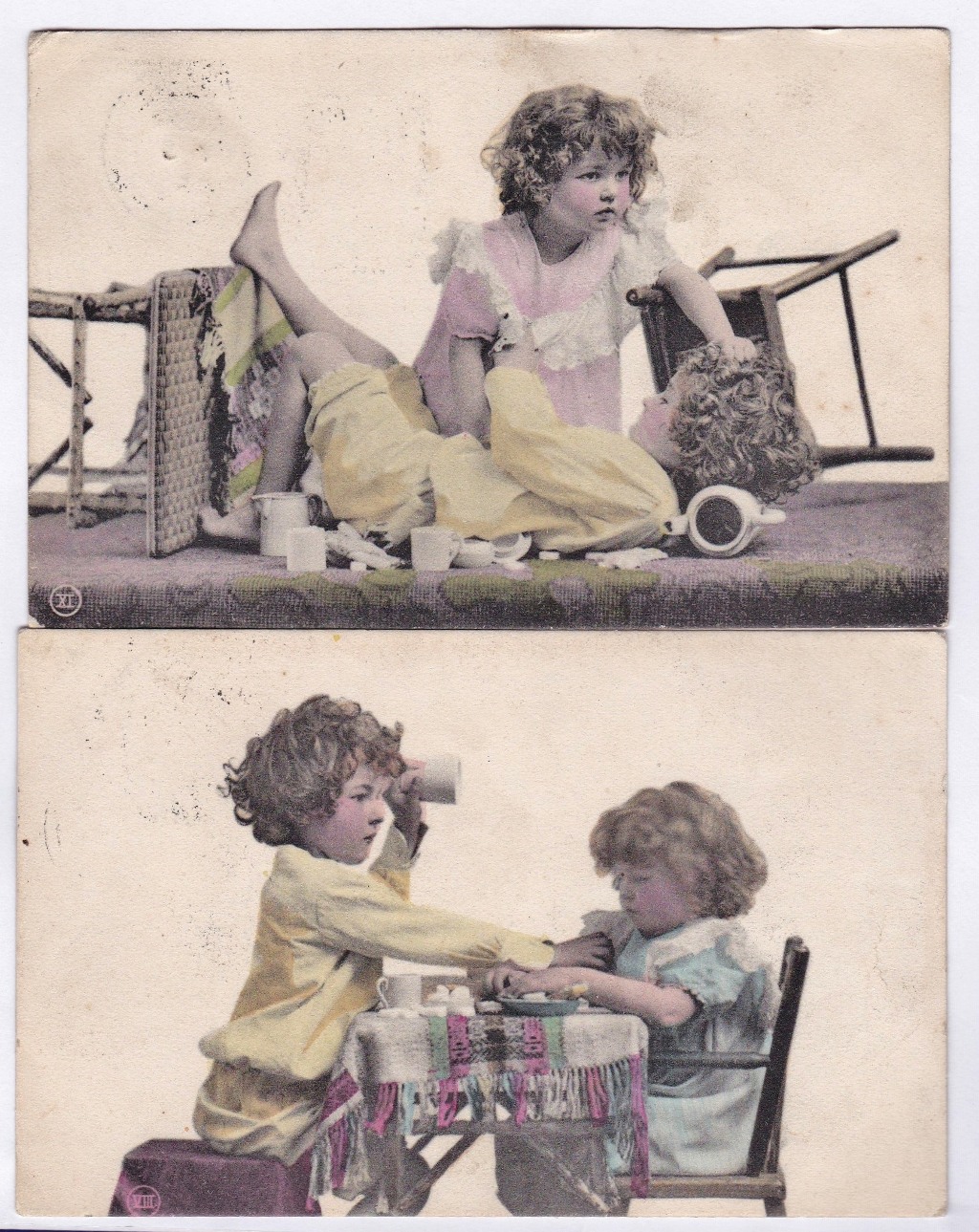 Children - 1905 used hand-coloured postcards - two children having a tea-party and a fight which