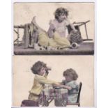 Children - 1905 used hand-coloured postcards - two children having a tea-party and a fight which