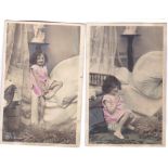 Children - Early hand coloured postcards of a young girl, one sitting on a potty! The other used