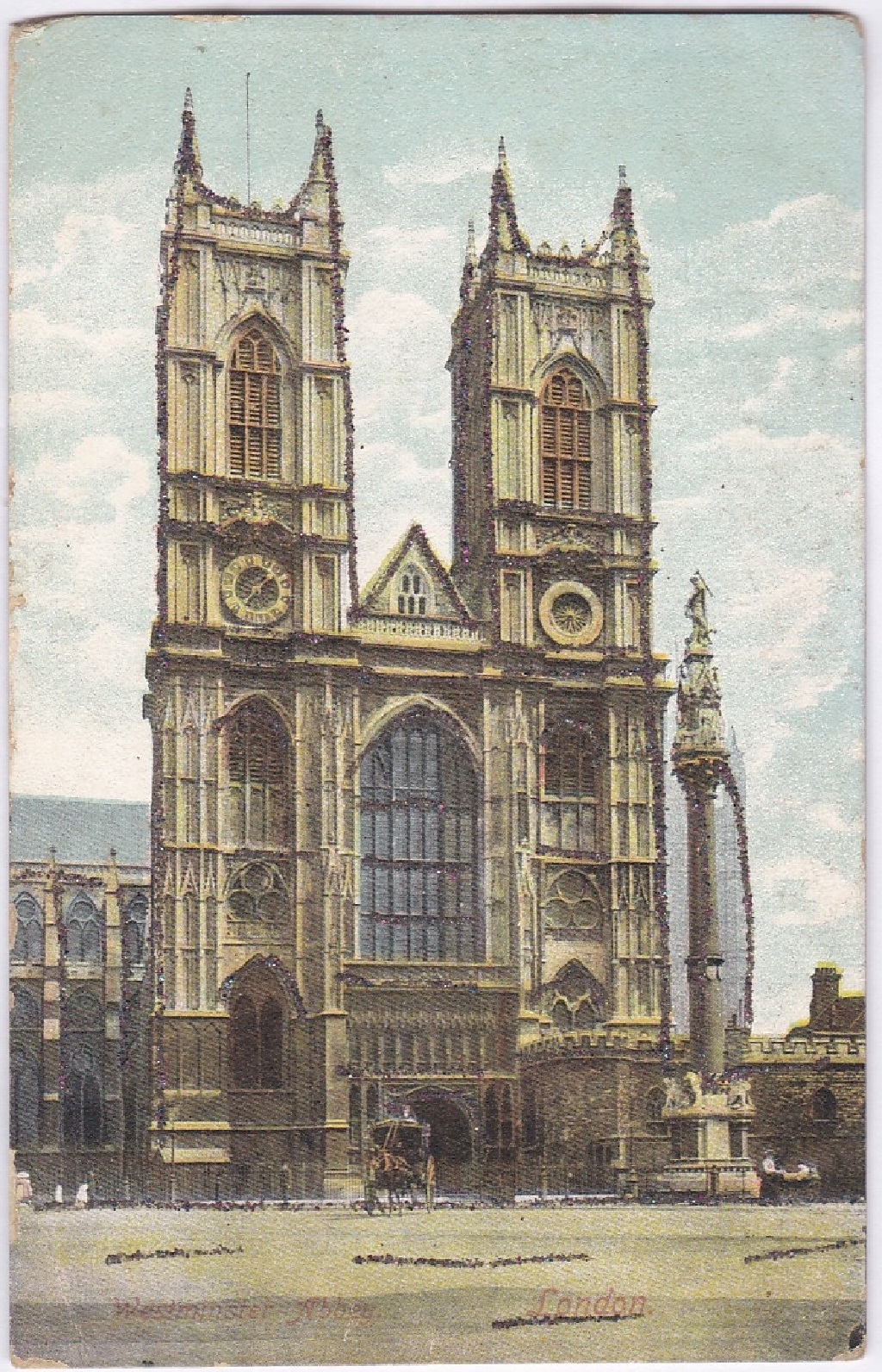 London - Westminster Abbey with glitter, used 1905 with very fine Paddington W No.21 machine cancel