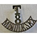 British WWI Territorial Shoulder Title 'T/8/Middlesex' in bronze, three point lug fastening.