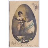 Greetings - Easter Card 1906, French, a young boy with many presents from a giant Easter Egg.