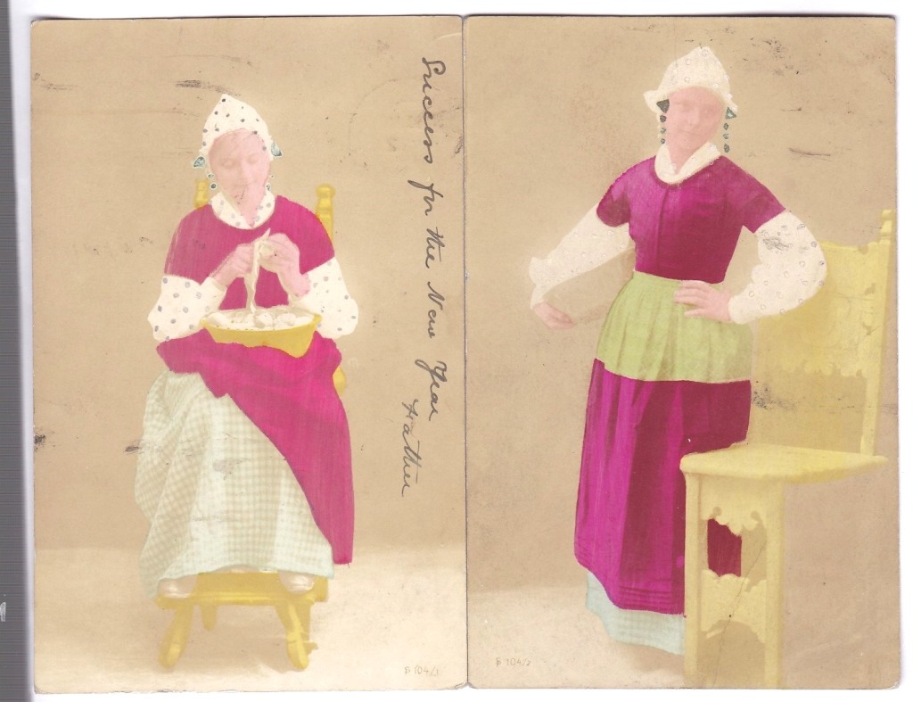 Ethnic/Hand Painted - two hand painted coloured postcards of a Dutch Domestic lady, (one used London