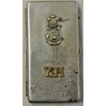 Yorkshire Hussars signed cigarette case, WWII period chromed case with an officers cap badge mounted